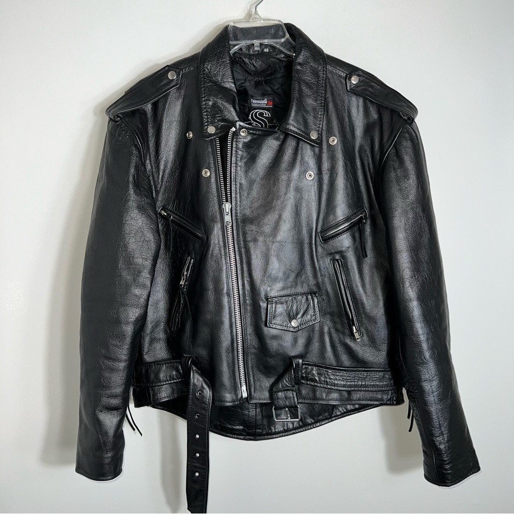 Leather King Men's Biker Motorcycle Leather Coat Jacket-Black-Size 48